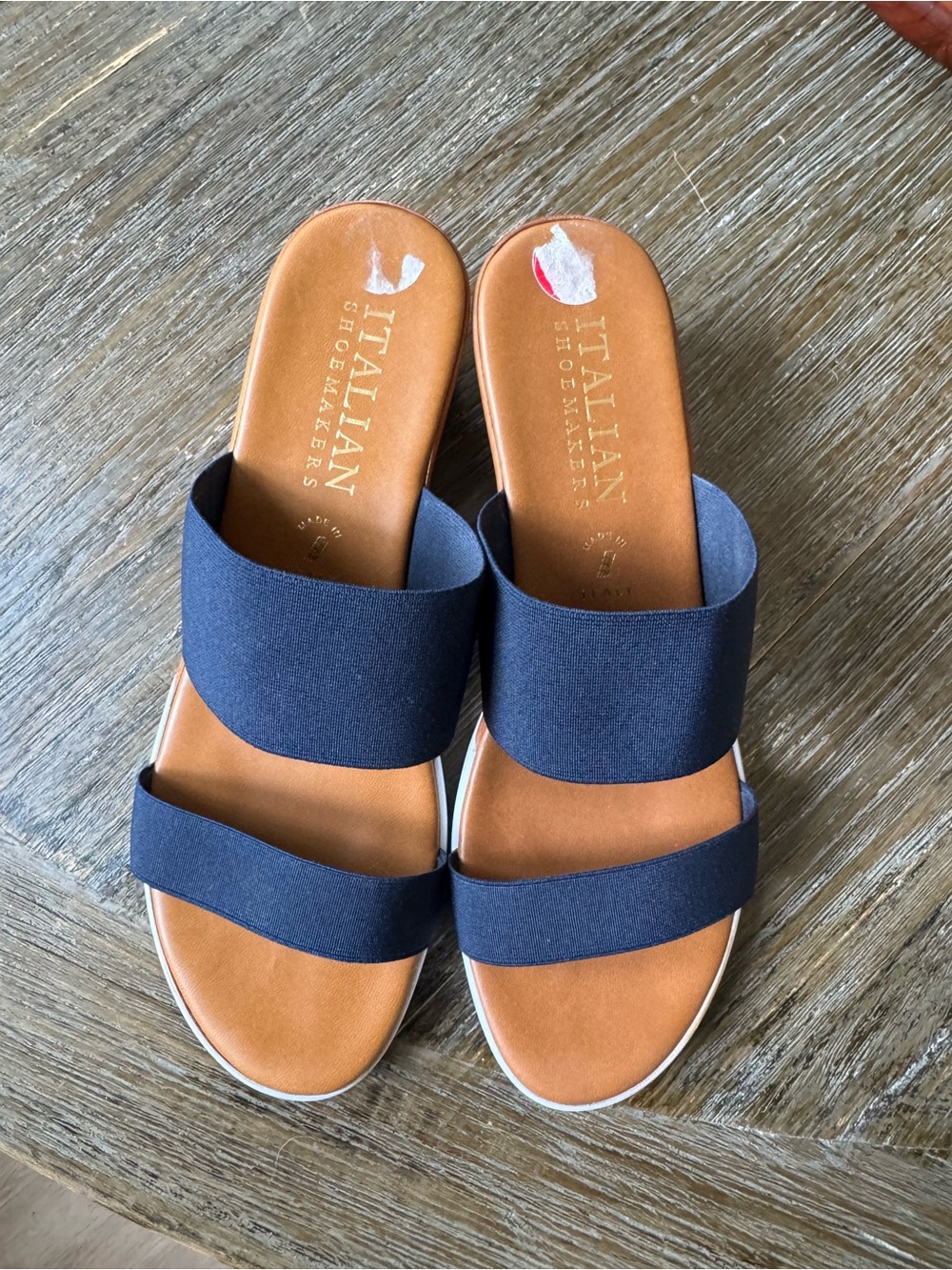 Italian Shoemakers Navy Double-Band Slide Sandals with Tan Footbed